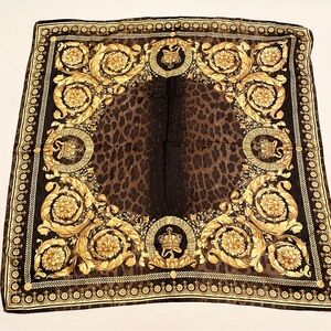 Versace Silk Scarf Leopard Animal Print Gold Baroque Crown Made in Italy
